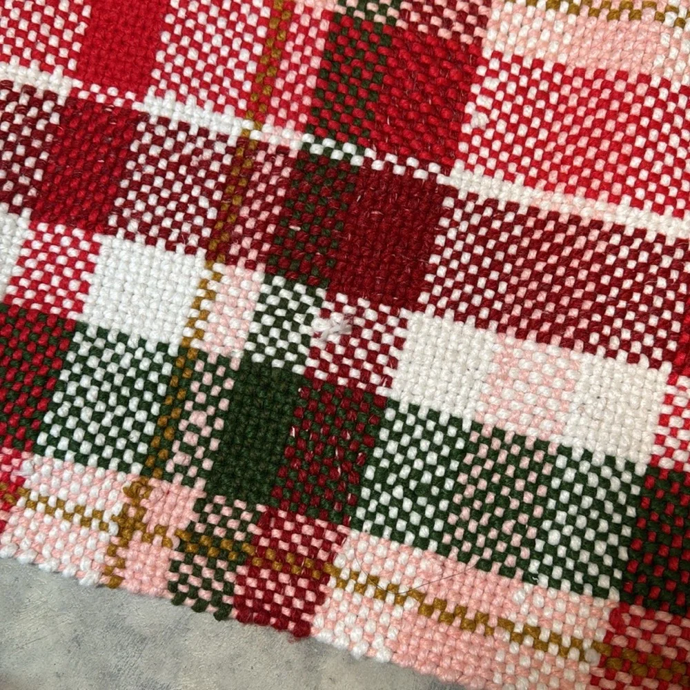 Handwoven Plaid Door Mat in Red, Green & Pink
